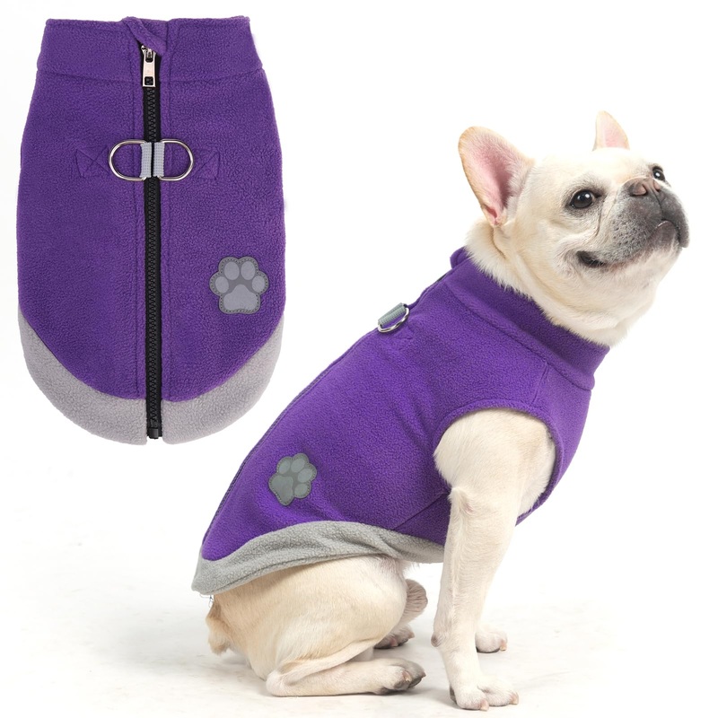 Mihachi Dog Fleece Vest Sweater Zip Up Warm Pullover Step-in Dog Jacket with Dual D-Ring Leash, Winter Cold Weather Reflective Coat Clothes Hoodie for Small Medium Dogs Puppy Cat Boy Girl, Purple S Small(Chest: 15″, Neck: 12″)