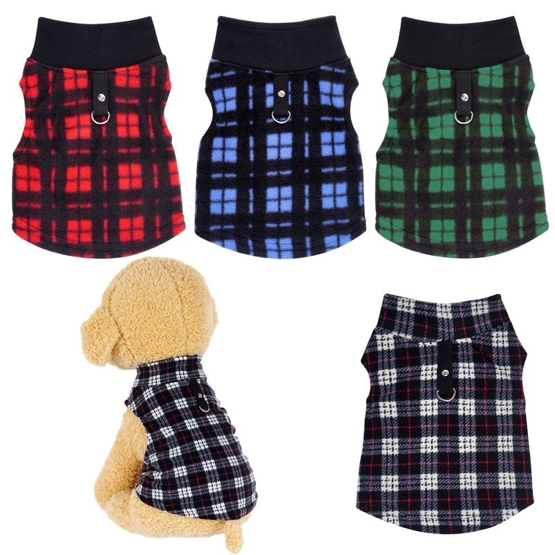 Rbenxia 4 Pieces Buffalo Plaid Dog Sweaters with Leash Ring Soft Fleece Vest Dog Pullover Warm Jacket Pet Dog Clothes Winter Dog Outfits for Small Puppy Cat Pets (X-Small) X-Small