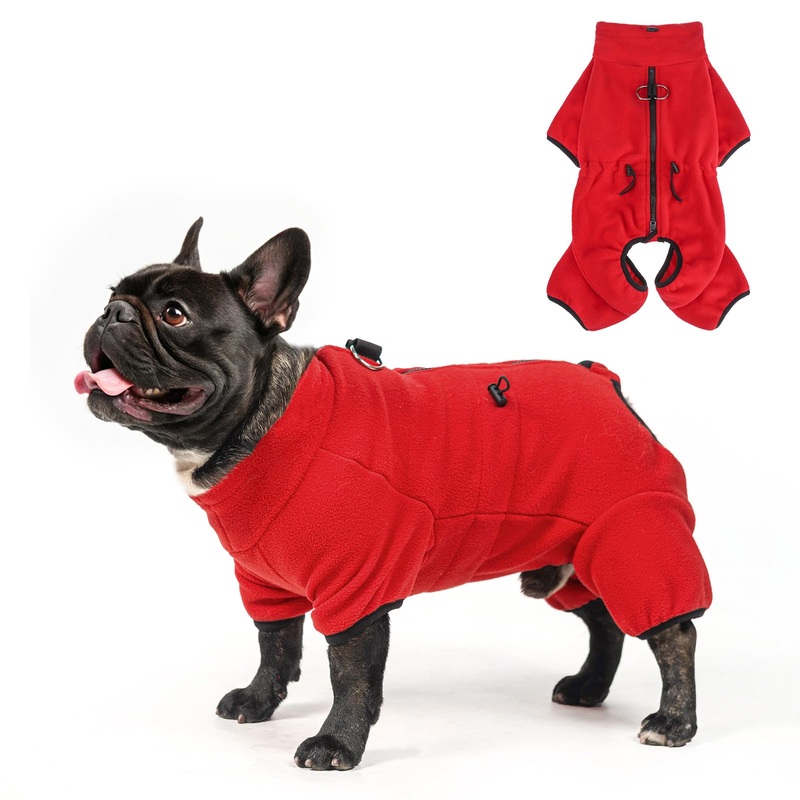 SCENEREAL Fleece Dog Winter Coat with Harness Built in, Soft Pullover Pajamas Warm Dog Sweater, Cold Weather Pet Jacket Jumpsuit Apparel Outfit for Small Medium Large Dogs Walking Hiking Sleep, Red S Small(Back Length 12.5″)