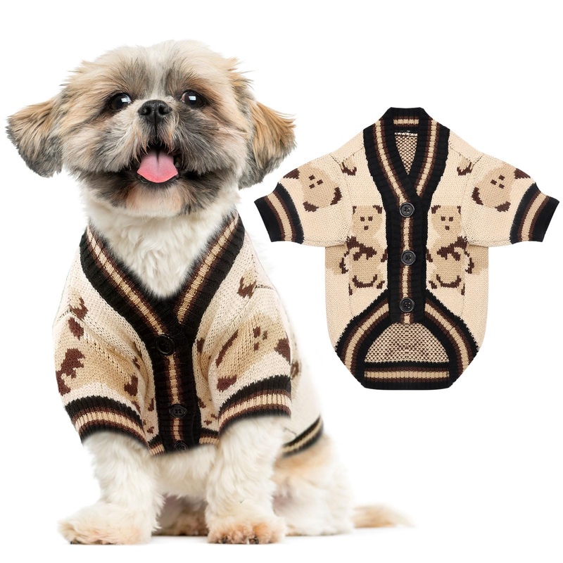 Small Dog Sweaters Cute Bear Dog Cardigans Clothes for Small Medium Dogs Boy Girl Puppy Cat Knitting Cardigan Outfits Dog Winter Coats Warm Pet Dog Clothes Soft Knitwear Apparel (Beige,M) Beige