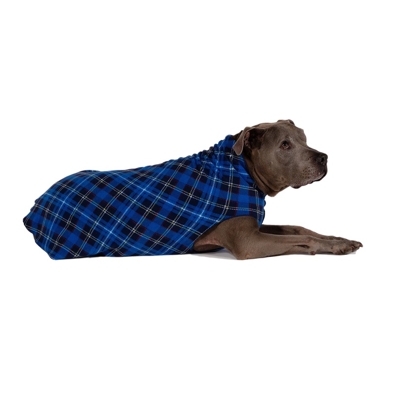 Stretch Fleece Dog Coat, Stretchy Pet Sweater, Machine Washable Pullover for Winter and Fall, Blue Plaid, 12