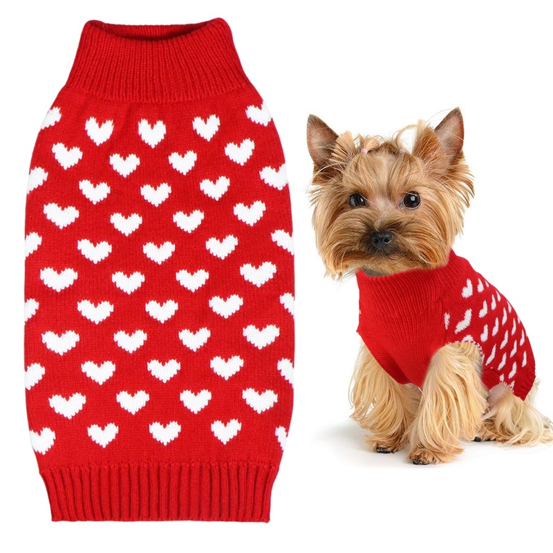 Valentine’s Day Dog Sweater, Dog Valentines Day Clothes Dog Valentines Outfit Knitted Dog Sweaters for Small Medium Large Dogs Pets (Red Heart, Small) Red Heart