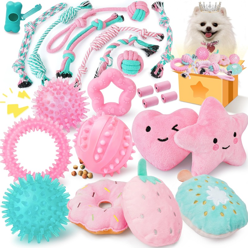 XIUGOAL Pink Puppy Toys for Boredom – 23 Pack Puppy Chew Toys for Teething, Interactive Dog Toys for Puppies, Cute Small Dog Toys with Treat Ball, Squeaky Dog Chew Toys and Ropes A – 23 Pack