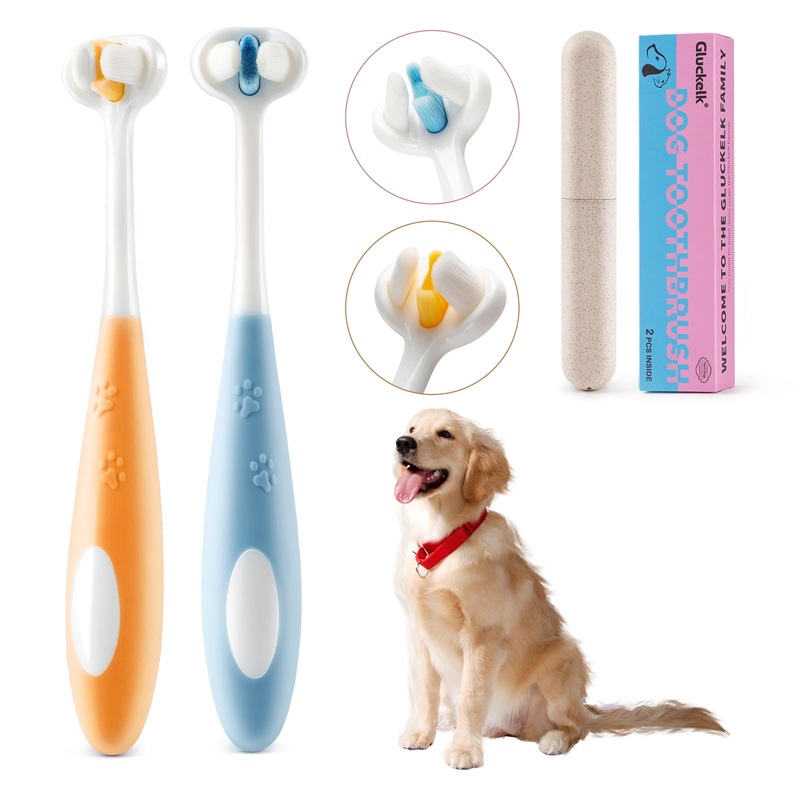 2 Pcs 3-Sided Dog Toothbrush, Puppy Toothbrushes, Ultra Soft Nano Bristles, Suitable for Teeth with Sensitive Gums, Pet Dental Care Oral Hygiene, for Small and Medium Dogs Orange-blue