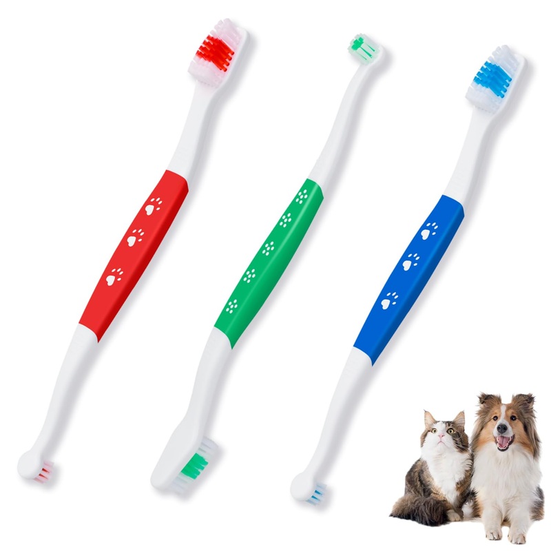 3 Pack Dog Toothbrush for Pet Small and Large Breed Dogs Cats with Soft Bristles, Dual Head Puppy Toothbrushes Kit in Bulk, Non Slip Individual Packing, 360 Easy Teeth Cleaning and Dental Care 3 Count (Mix)