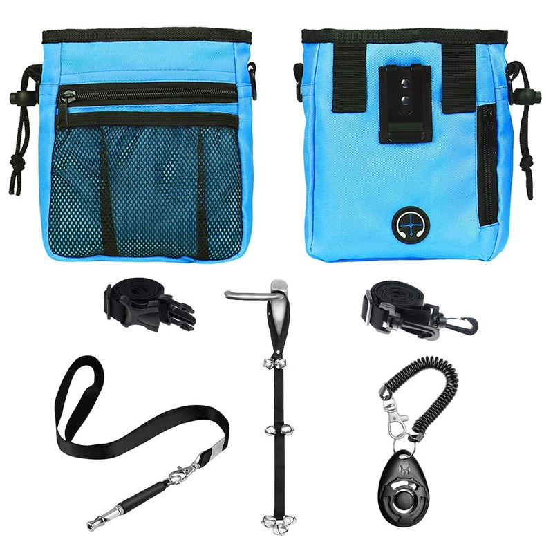 4-in-1 Dog Training Set, Puppy Training Treats- Dog Treat Training Pouch, Dog Whistle, Dog Doorbells, Dog Clicker, Ideal Gift for First Time Pet Owners, Training Dog Owners (Blue) Blue