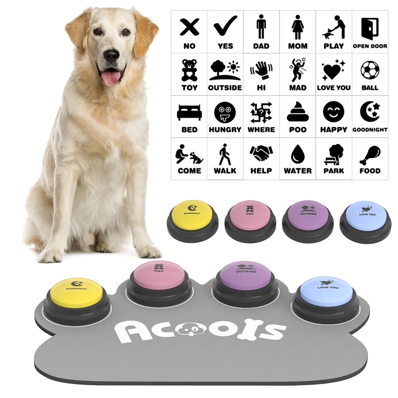 4 Pcs Dog Talking Button Set, Dog Buttons for Communication, 30s Recordable Voice Pet Buzzer Training Buttons, Speaking Button for Dogs with Anti-Slip Dog Buttons Talk Mat and 24 Scene Stickers 4 Pack