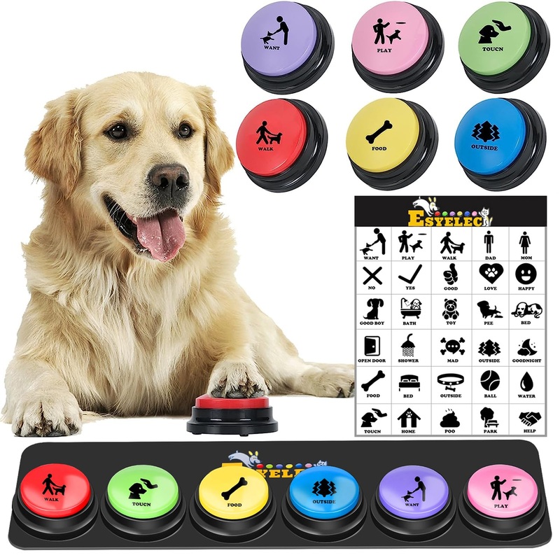6 Pcs Dog Talking Button Set, Dog Buttons for Communication 30s Voice Recording Speaking Button Pet Speech Training Buzzers with 30 Scene Stickers and Waterproof Anti-Slip Mat for Animal Training 6 Pack