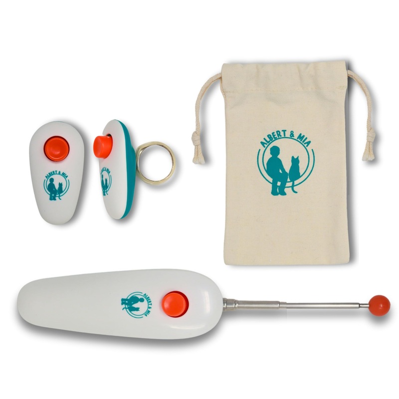 ALBERT & MIA Cat Training Kit (4 Pieces) – Quiet Clicker + Target Stick Clicker + Treats Pouch + Cat Clicker Training Start Guide (Beginner to Expert) Cat Training Set