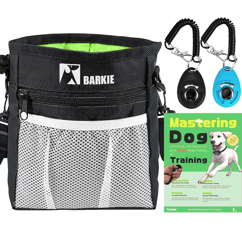 BARKIE Dog Treat Pouch and 2 Pet Training Clickers with Dog Positive Reinforcement Training Booklet (Black) Black