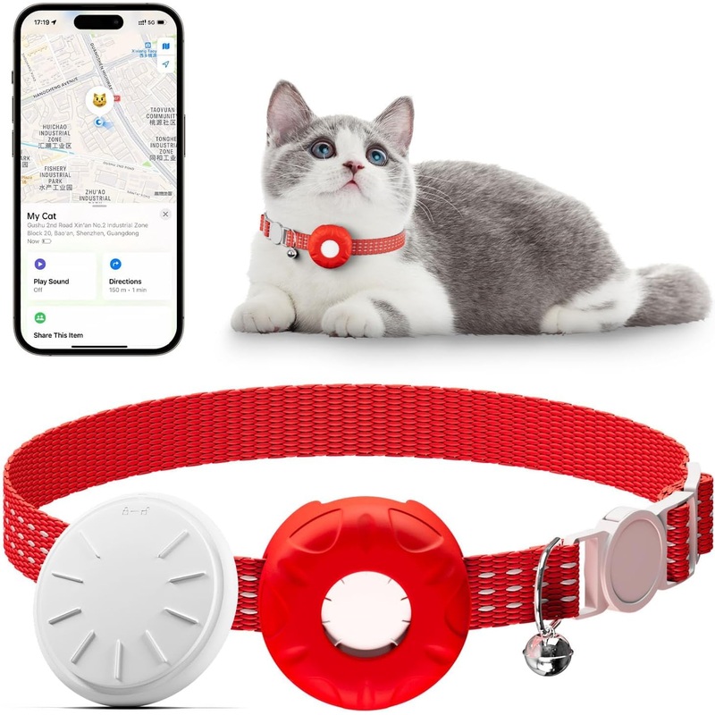 Cat Tracker,Pet Tracker for Cats (Only iOS),Waterproof Tracker Cat Collars with Safety Elastic Buckle,No Monthly Fee,Works with Any Collar,Compatible with Apple Find My App (Red) Red