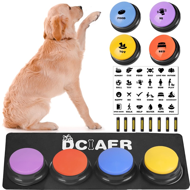 Dog Buttons for Communication,Talking Buttons for Dogs,4 Recordable Sound Buttons + 24 Scene Patterns + 1 Dog Button Mat+ 8 AAA Batteries 4 Pack