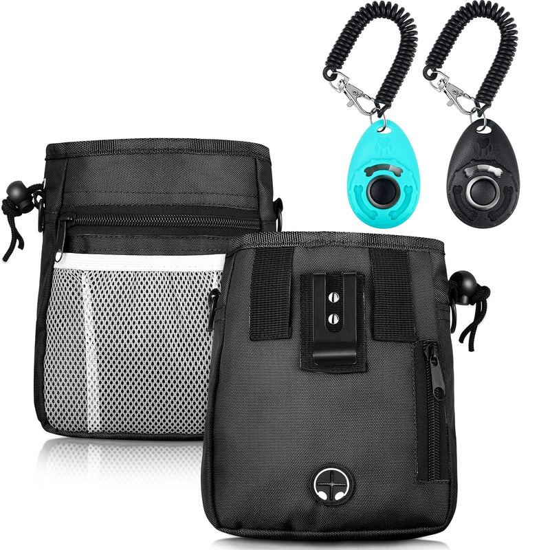 Dog Clicker Training Kit, 1 Dog Treat Training Pouch and 2 Pieces Pet Training Clicker with Wrist Strap, Built in Poop Bag Dispenser Easily Carrying Pet Toys Treats (Black,Solid Pattern) Black Solid