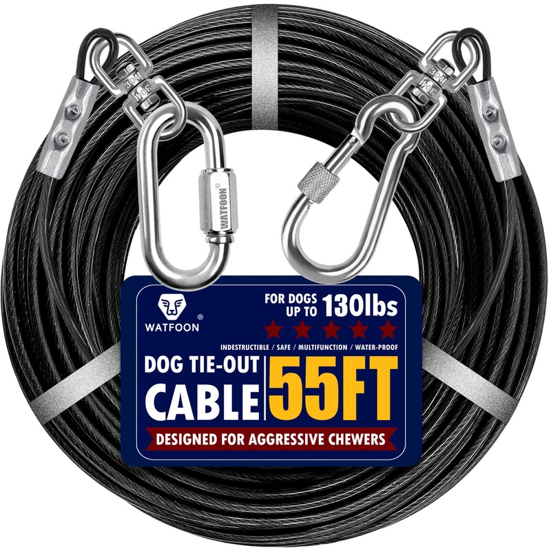 Dog Leads for Yard 20ft 25ft 30ft 35ft 40ft 45ft 50ft 55ft 65ft 100ft Dog Tie Out Cable Runner Steel Tieout Heavy Duty Tether Chew Proof Long Dog Chains for Outside, Camping, Park (55ft-Black) 55ft-Black