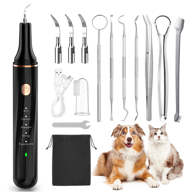 Dog Teeth Cleaning Kit 12-in-1, Pet Ultrasonic Canine Plaque Remover for Teeth with LED Light, 5 Cleaning Mode, USB Charge Dog Toothbrush Tool with Dental Tools Scaler Scraper Black