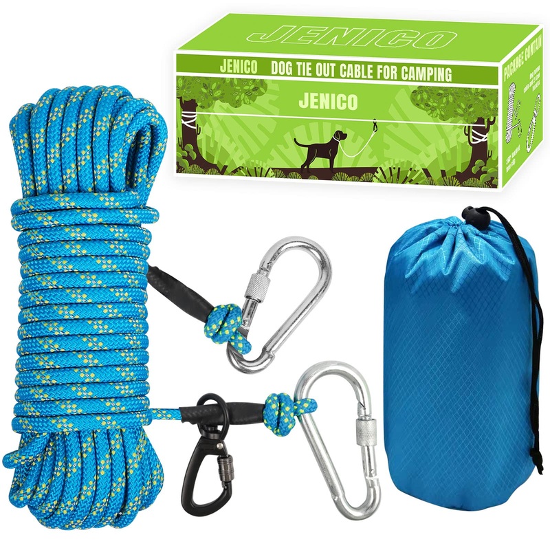 Dog Tie Out Cable for Camping – 50ft/70ft/100ft Portable Reflective Overhead Trolley System for Dogs up to 300lbs – Dog Lead for Yard Camping | Parks | Outdoor Events Blue