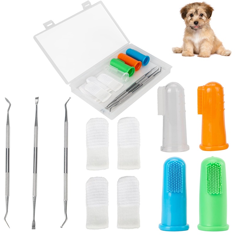 Dog Tooth Brushing Kit (11PCS), Dog Finger Tooth Brush, Pet Toothbrush for Small To Large Breed, Dog Dental Tooth Scraper for Cleaning Scaler, Double Headed Dog Teeth Tartar Remover Tool With Case