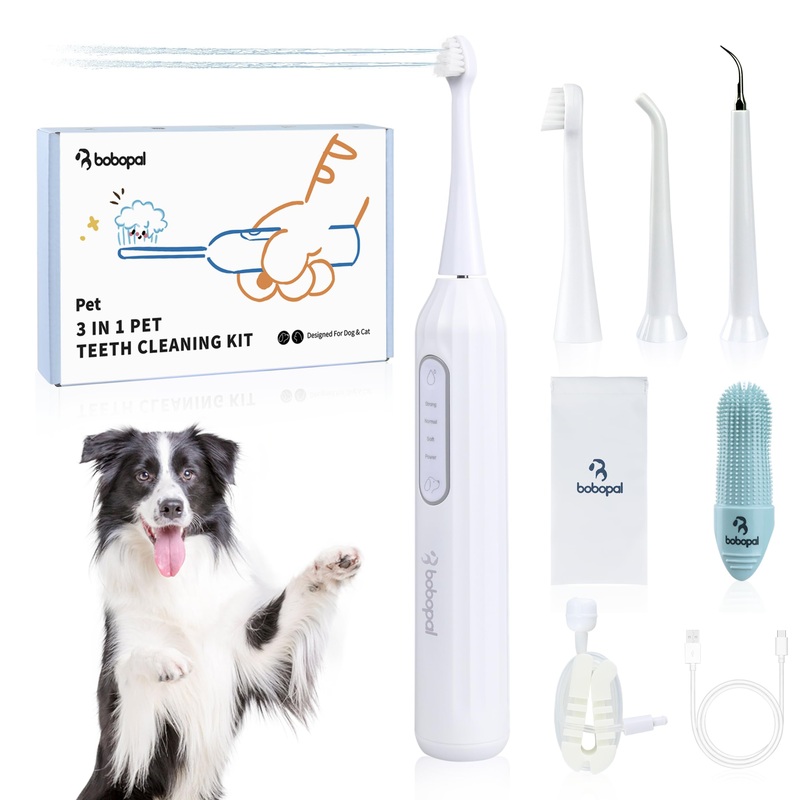 Dog Tooth Brushing Kit,3-in-1 Dog Teeth Cleaning Tools,Ultrasonic Electric Toothbrush & Plaque Remover for Dogs with Water Flosser for Teeth,2 Modes & 3 Intensity Levels,IPX7,1100mAh Battery