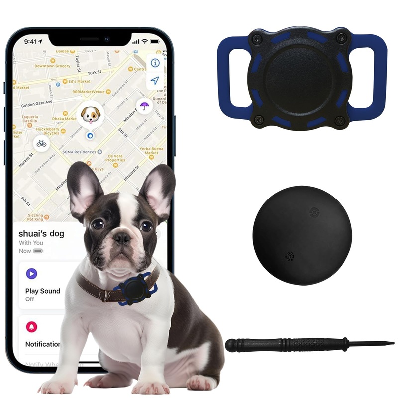 Dog Tracker, Pet Location Tracker with Collar Holder for Dogs, Item Finder MFi Certificated Tracking Device, No Monthly Fee, Works with iOS Find My (Black and Blue) Black and Blue