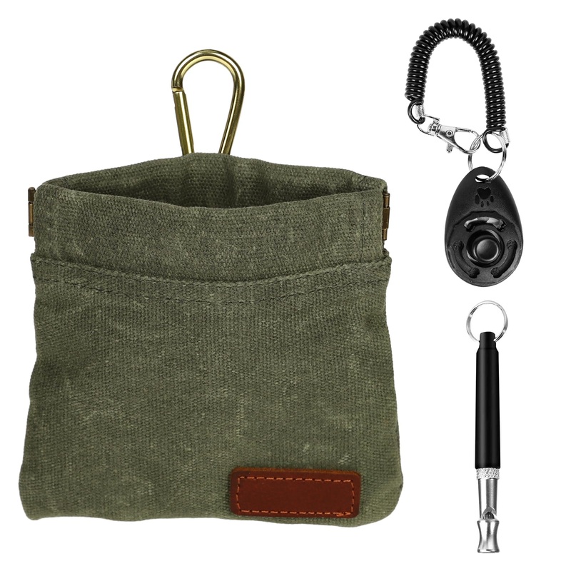 Dog Treat Pouch Training Kit, Small Puppy Treat Bag with Clip for Leash, Hands Free Auto Closure Pouches with Dog Clicker and Silent Whistle for Pet Training Olive Green