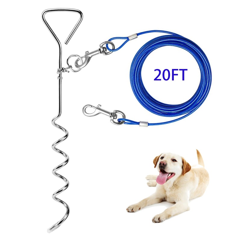 Evilplan Dog Tie Out Cable and Stake, 20ft Outside Dog Leash&Chain for Camping and Yard, 16” Heavy Duty Anti Rust Spiral Stake for Medium-Large Dogs Up to 125 lbs (20FT, Blue)