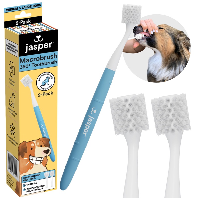 Jasper Macrobrush 360, Dog Toothbrush for Medium to Large Dogs, Soft-Bristled Dog Tooth Brushing Kit – Premium Non-Slip Handle with 2 Replaceable Tooth Brush Heads, Use with Dog Toothpaste