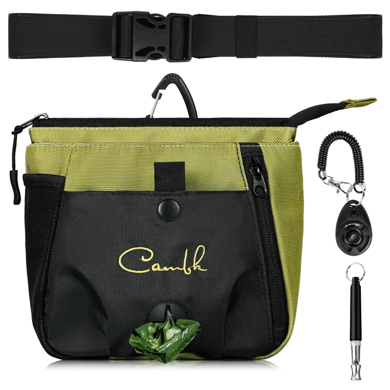 Large Dog Treat Pouch Training Kit with Clicker, Waist Pack Puppy Treat Bag with Poop Bag Dispenser and Clip for Belt, Big Dog Walking Pouches with Dog Clickers and Silent Whistle Olive Green