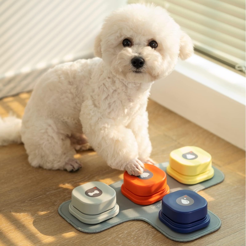 MEWOOFUN Dog Buttons for Communication Starter Pack Recordable Dog Talking Buttons Set Dog Training Speaking Buttons Dog Clicker with Mat & Stickers (4 Packs-Rubber Mat) 4 Packs-Rubber Mat