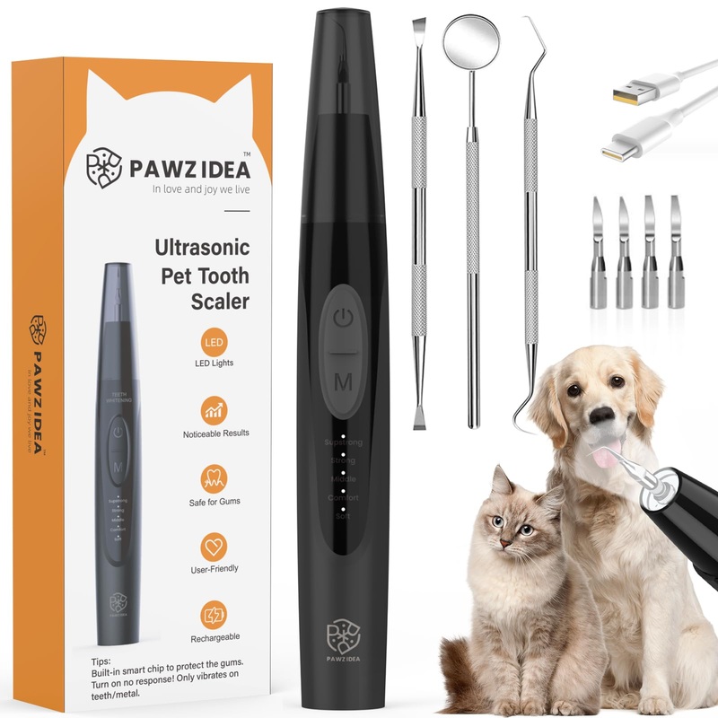 PAWZIDEA Dog Plaque Remover for Teeth Ultrasonic 44kHz, Intelligent Pet Ultrasonic Tooth Cleaner, Tartar Remover for Dog Teeth Cleaning Kit, Canine/Cat Toothbrush Scaler Dental Care Tool, Rechargeable Black