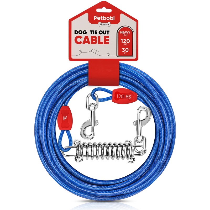 Petbobi Dog Tie-Out Cable 30ft – Outdoor Leash 4mm Dog Cable with Shock Absorbing Spring, 360 Swivel Clips, Allow Your Dog Roam Free, Ideal for Small Medium Large Dogs Up to 120lbs, Blue 30ft/120lbs
