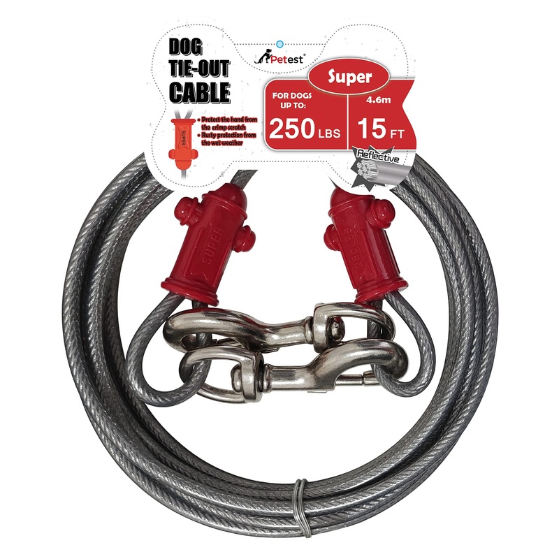 Petest Reflective Tie Out Cable with Crimp Cover for Super Dogs Up to 250 Pounds, 15 Feet 250lbs15ft Red & Cool Grey