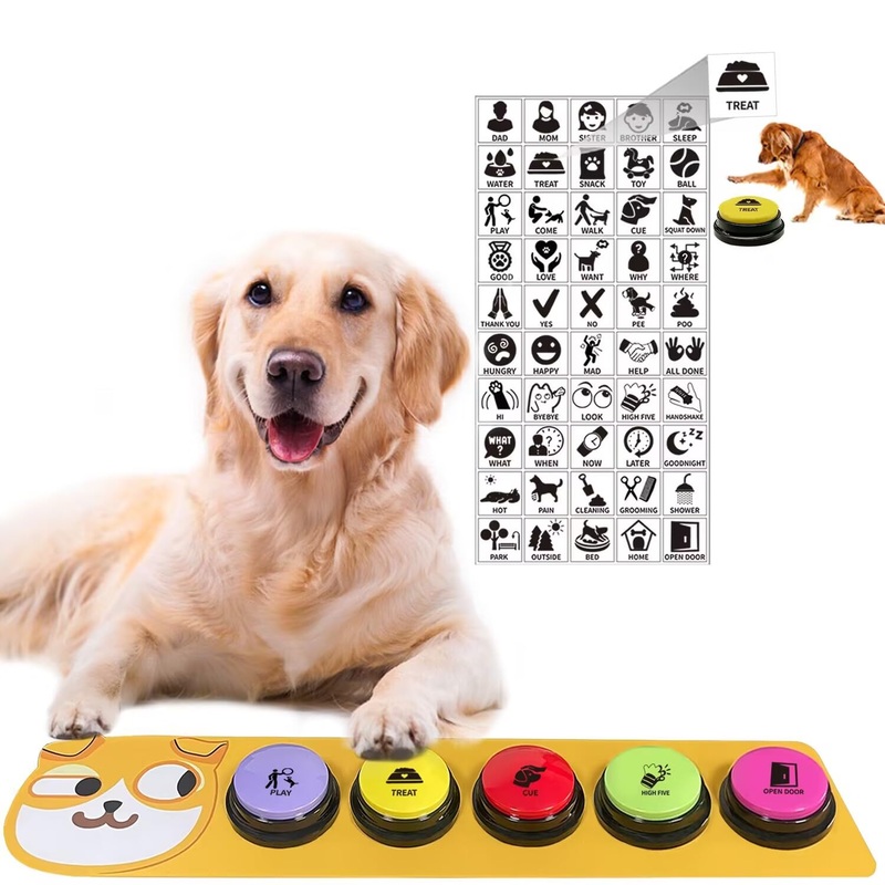 RIBOSY Dog Buttons for Communication, 5 Pcs Dog Speech Training Buzzers with Non-Slip Rubber Pad and 50 Stickers, 30 Seconds Voice Recording Button for Pet to Voice What They Want