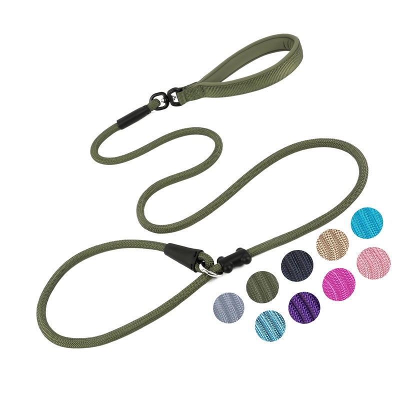 Slip Lead Dog LeashStrong Nylon Rope Leash and Padded Handle,No Pull Outdoor Walking Training Lead for Small Medium Large Dogs(Army Green, 1/2″6ft) Army Green