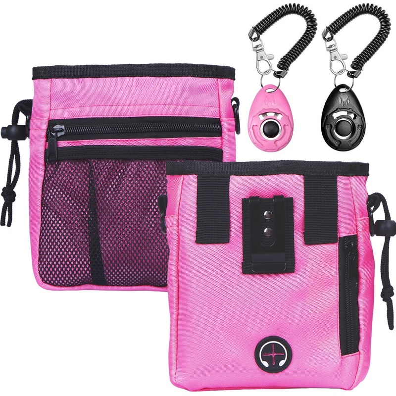 STMK Dog Treat Pouch Dog Clicker Training Kit, Dog Training Treat Pouch Dog Clicker for Training, 3 Ways to Wear Easily Carries Treat Pouches for Pet Training (Pink) Pink