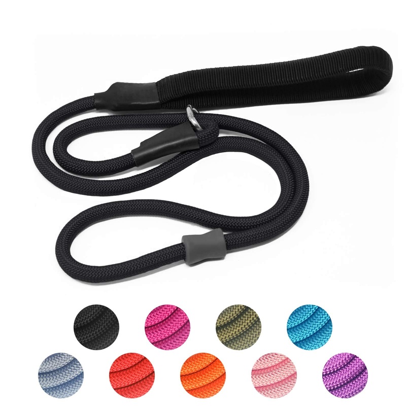 Strong Slip Rope Dog Training Leash (4ft) – Heavy Duty Durable Braided Nylon Lead with Rubber Stopper & Padded Handle – Large Medium Small Dogs No Pull Walking (Black, 1/2″ x 4ft) Black