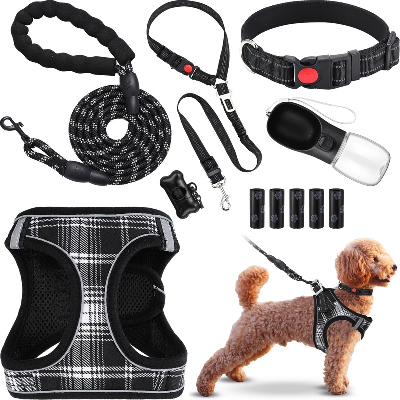 11 Pcs No Pull Dog Harness Collar and Leash Set Starter Kit for New Dog Owners Includes Dog Seat Belt 12 oz Portable Water Bottle Dog Poop Bags and Dispenser for Small Medium Dog Puppy Walking