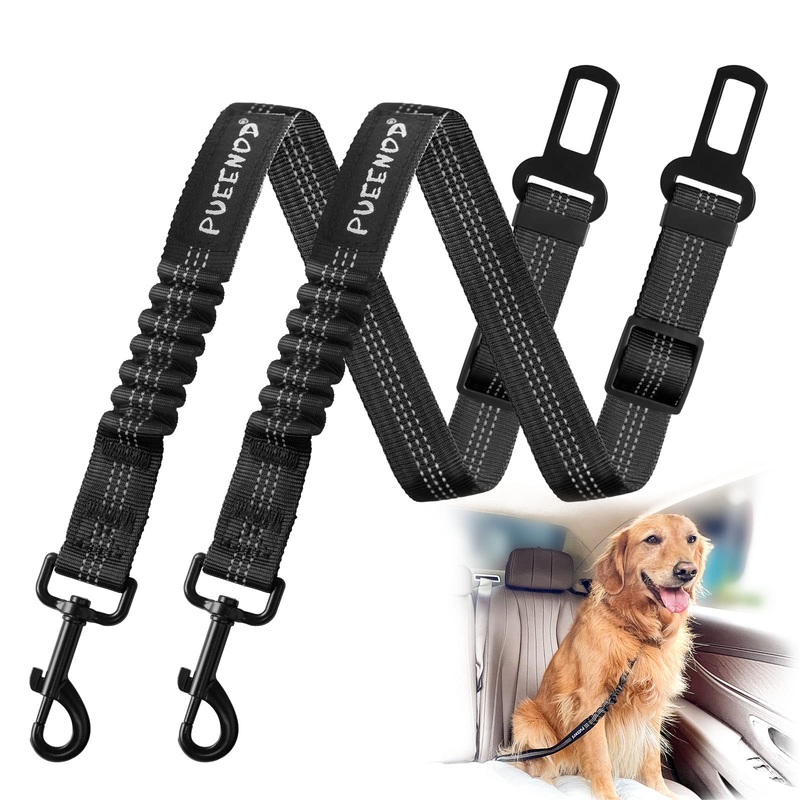 2 Pack Dog Seat Belt Adjustable Dog Car Seatbelts for Vehicle Nylon Pet Safety Seat Belt with Elastic Bungee Buffer Reflective & Durable Car Harness for Dogs Black + Black