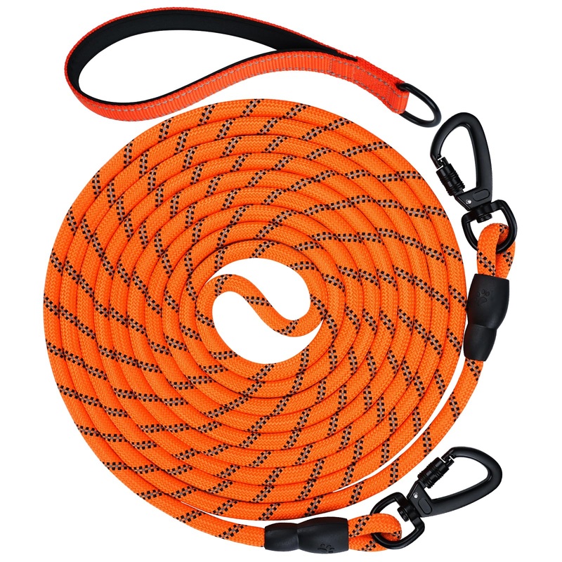 Aiyuda 30ft Long Dog Leash | Neoprene Padded Handle | Lockable Heavy Duty Clip | Handle Removable for Temporary Tie Out | Dog Training,Hiking,Camping,Playing Outside or in Yard | Orange, 3/8″ Thick