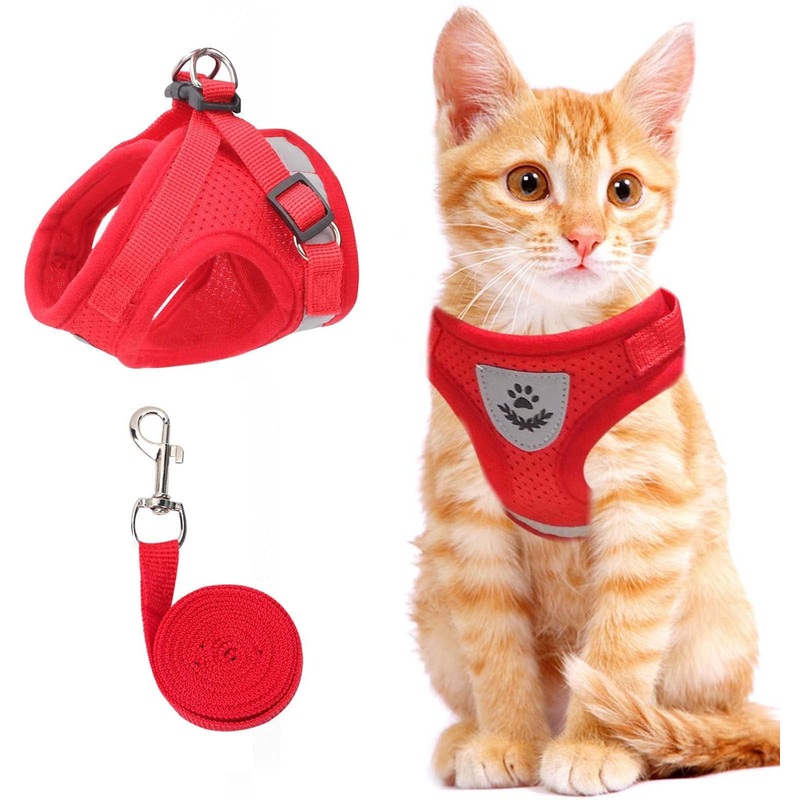 Cat Vest Harness and Small Dog Vest Harness for Walking, All Weather Mesh Harness, Cat Vest Harness with Reflective Strap, Step in Adjustable Harness for Small Cats (Red, XS) Red X-Small (Chest: 8″-9″)