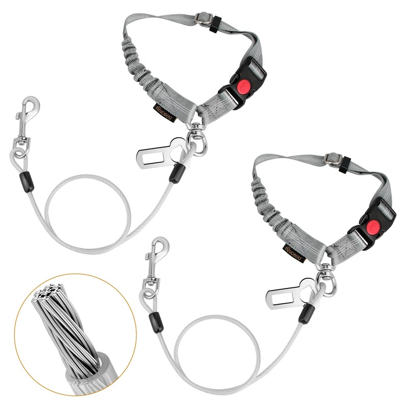 Chew Proof Dog Car Seat Belt, 2 in 1 Steel Cable Dog Car Accessories Headrest Restraint Dog Car Seatbelt for Medium Large Dogs Chewer Heavy Duty Dog Seatbelts for Cars Swivel Attach Gray 2 Pack
