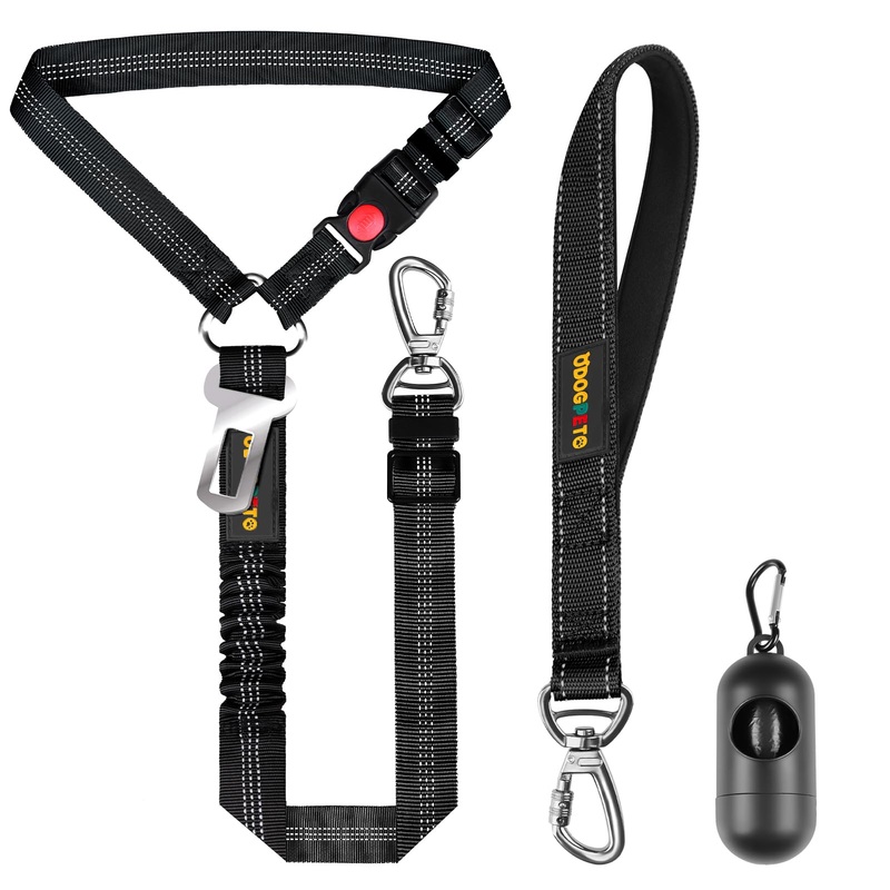 Dog Harness Seat Belt for Car, Dog Car Leash with Car Headrest & Buckle, Reflective Dog Car Harness, Pet 12 Inch Car Harness for Dogs with Padded Handle & Locking Carabiner Clip, Black