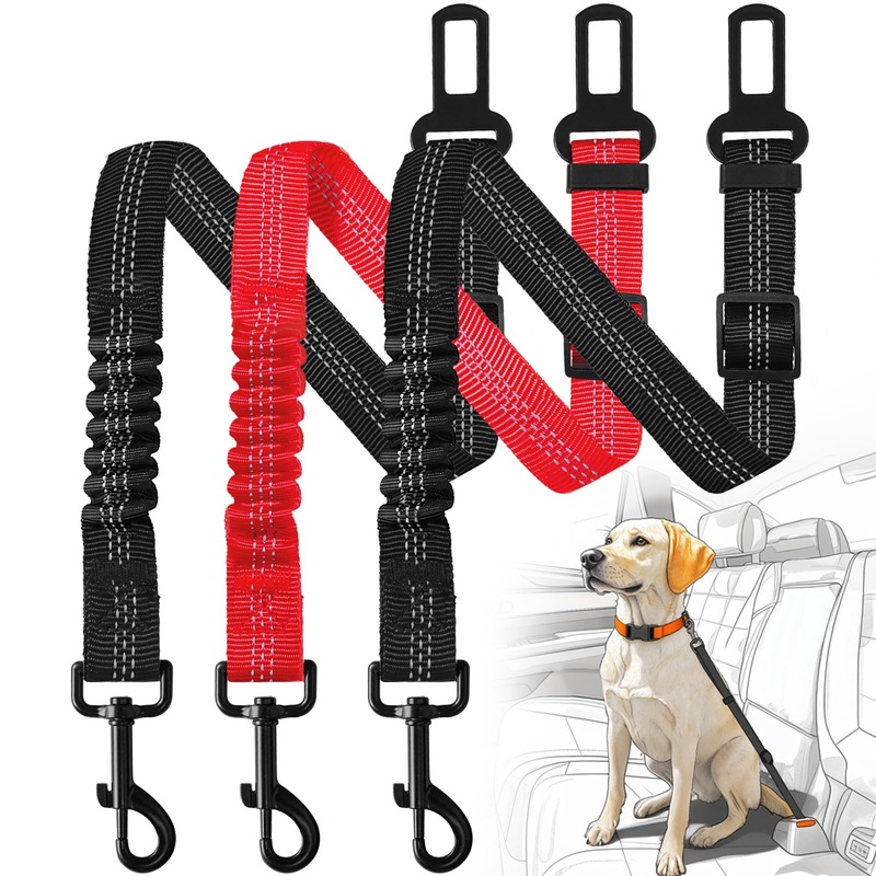Dog Seat Belt for Car,3 Pack Dog Car Harness,Thicker Nylon Retractable Dog Car Seat Belts, Anti-Tangle and Adjustable Dog Seat Belt for Car Travel,Pet Seat Belt,Fits All Dogs and Vehicles,Black,Red Set 02-Black*2+Red*1