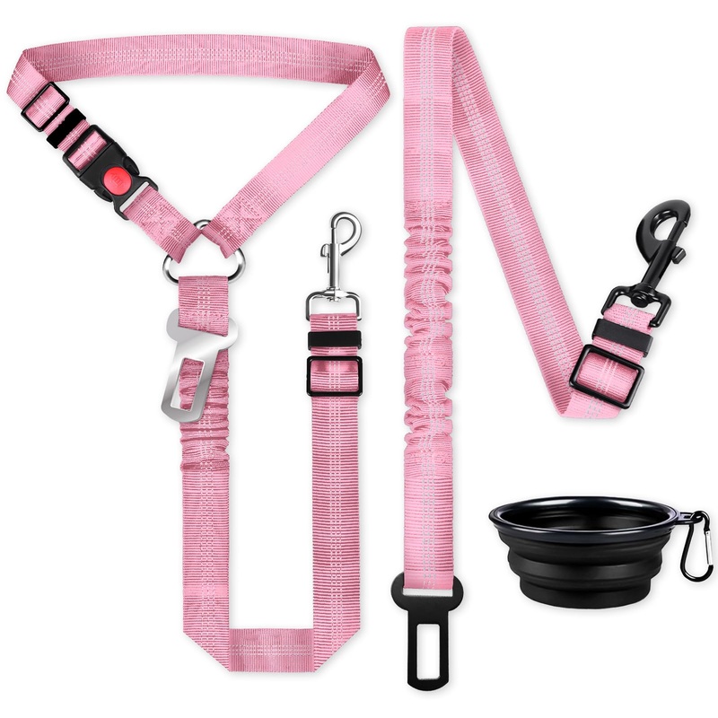 Dog Seat Belt for car, 3 Piece Set Retractable Dog Car Harness 2 Pack Adjustable Seatbelt for Dog in car, Nylon Pet Safety Seat Belts Tether Heavy Duty and Reflective Dog car Leash, Pink