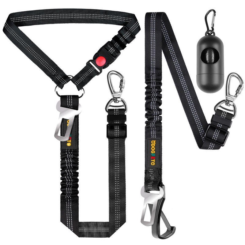 Dog Seat Belt for Car, Adjustable 4-in-1 Dog Car Seatbelt Leash with Hook & Buckle, Reflective Dog Seatbelt Harness for Car with Vehicle Car Headrest & Swivel Carabiner and Poop Bag, Black