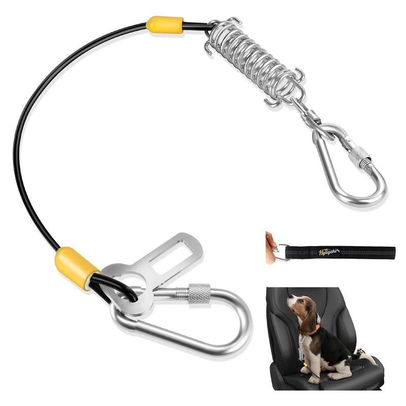 Dog Seat Belt Harness for Car, 5-in-1 Coated Wire Dog Seatbelt, HYLIYAKI Shock Spring-Loaded No Chew Pet Dog Car Seatbelt Leash, with Removable Reflective Short Leash(Black, 24 inch/60 CM) 1 Pack Black+Yellow