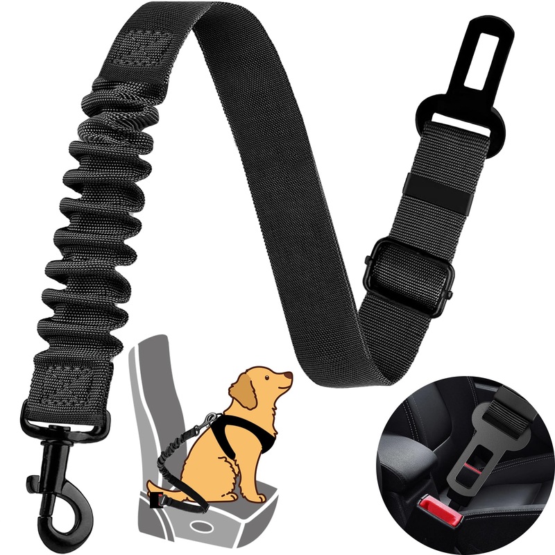 Dog Seat Belt Retractable Dog Car Harness 1 Pack Adjustable Pet Safety Belt with Elastic Bungee Buffer Heavy Duty & Durable & 360 Degree Swivel Dog Seatbelts Black-1Pack 1Pack