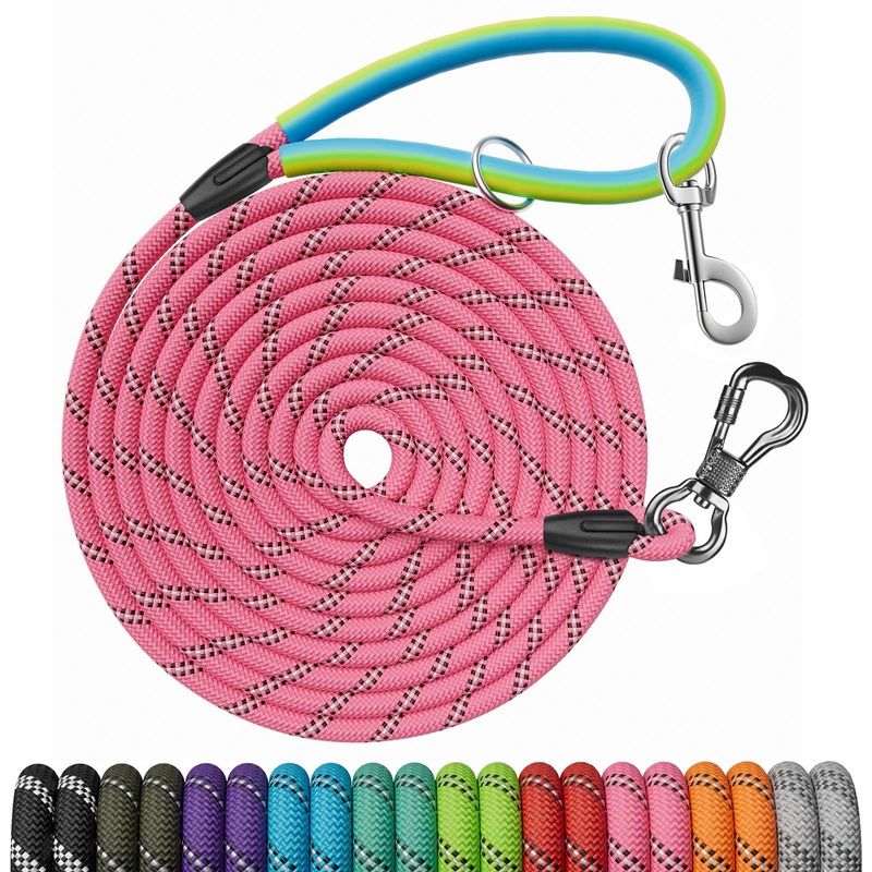 NTR Dog Long Leash, 30FT Recall Training Lead, with 2 Swivel Hooks, Reflective Threads and Soft Rubber Handle, Puppy Leash for Walking, Hunting, Camping for Small Medium Large Dogs-Pink 30ft*3/8″ Pink