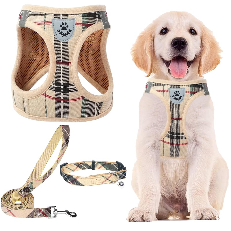 PUPTECK Adjustable Dog Harness Collar and Leash Set Step in No Pull Pet Harness for Small Medium Dogs Puppy and Cats Outdoor Walking Running, Soft Mesh Padded Reflective Vest Harnesses, Beige S S: Chest girth: 14.5-16in Collar: 7.9-11.8in