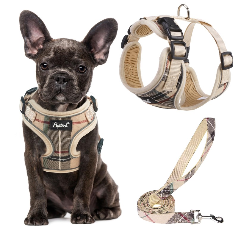 PUPTECK Soft Mesh Dog Harness and Leash Set Pet Puppy Cat Adjustable Reflective Padded Vest No Pull Harnesses, Beige, S S (NECK: 13-15″, CHEST: 14-18″)