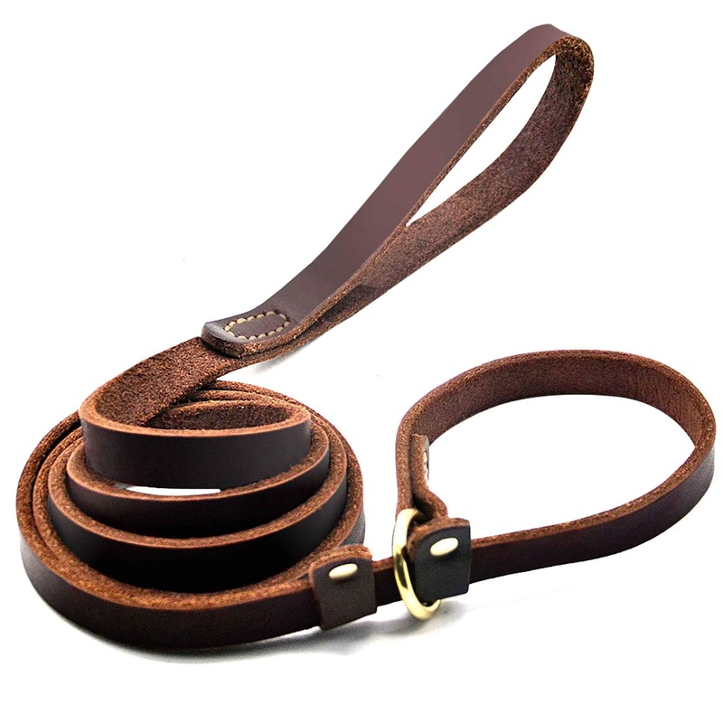 Real Leather Slip Lead Dog Leash, Soft Adjustable Pet Slip Leads with Slider, Heavy Duty Flat Dog Training Leash for Medium and Large Dogs, 6ft Long by 0.7 Inch Wide, Brown 6 Feet